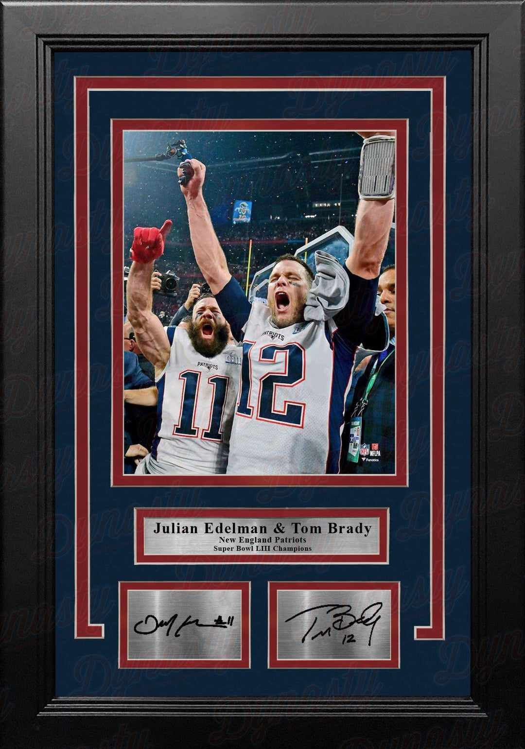 Dynasty Sports & Framing Engraved Signatures Julian Edelman & Tom Brady Super Bowl LIII Patriots 8x10 Framed Photo with Engraved Autographs