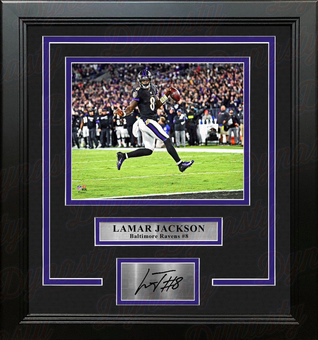 Dynasty Sports & Framing Engraved Signatures Lamar Jackson High-Stepping Touchdown Baltimore Ravens 8x10 Framed Photo with Engraved Autograph