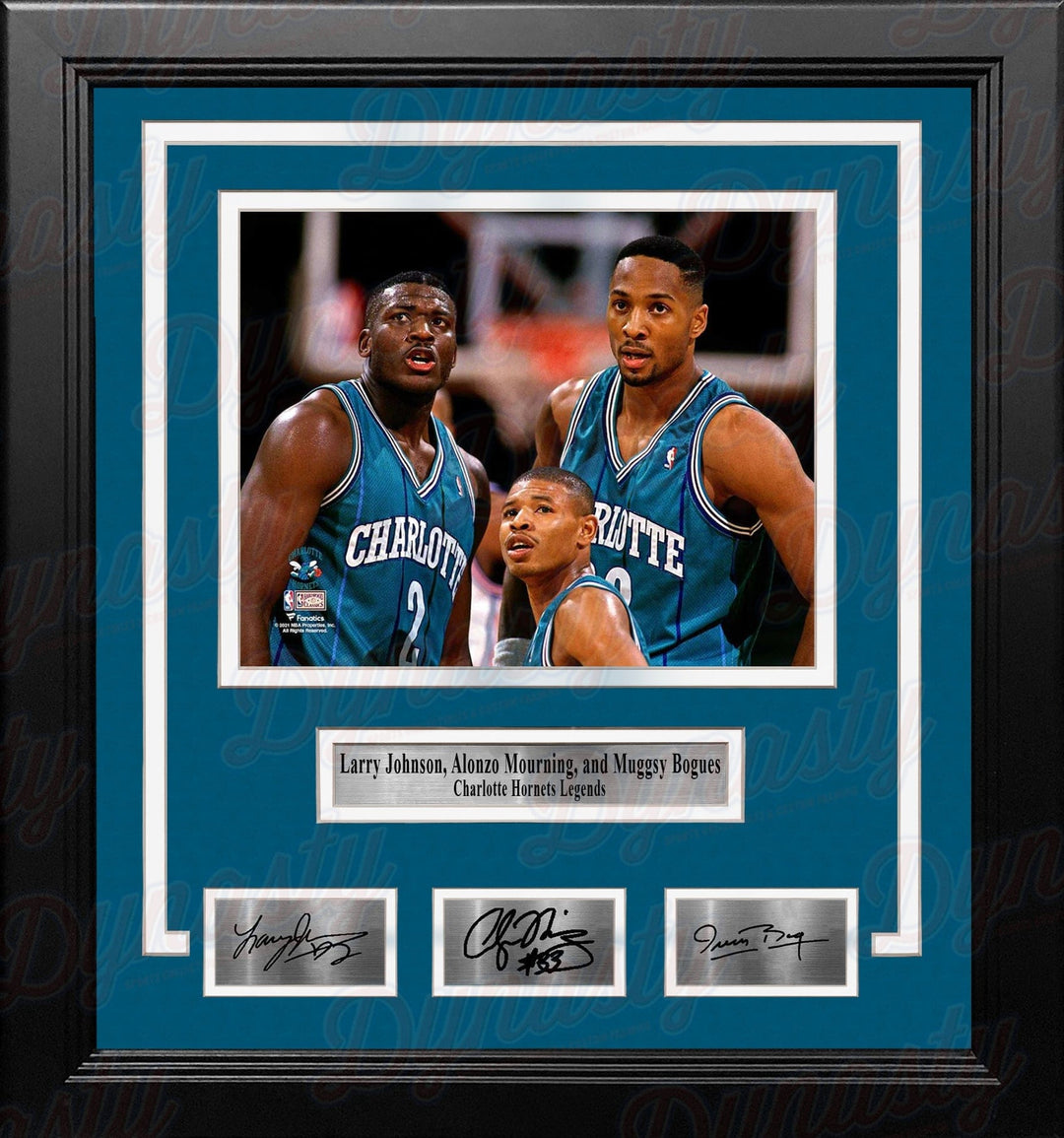 Dynasty Sports & Framing Engraved Signatures Larry Johnson, Alonzo Mourning, Muggsy Bogues Hornets 8x10 Framed Photo with Engraved Autographs