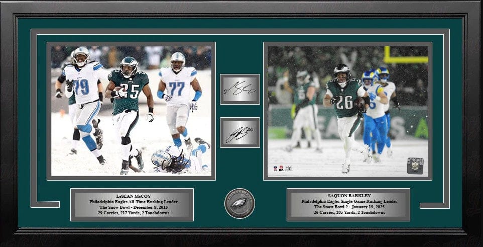 Dynasty Sports & Framing Engraved Signatures LeSean McCoy & Saquon Barkley Snow Bowl Philadelphia Eagles Framed Photos with Engraved Autographs