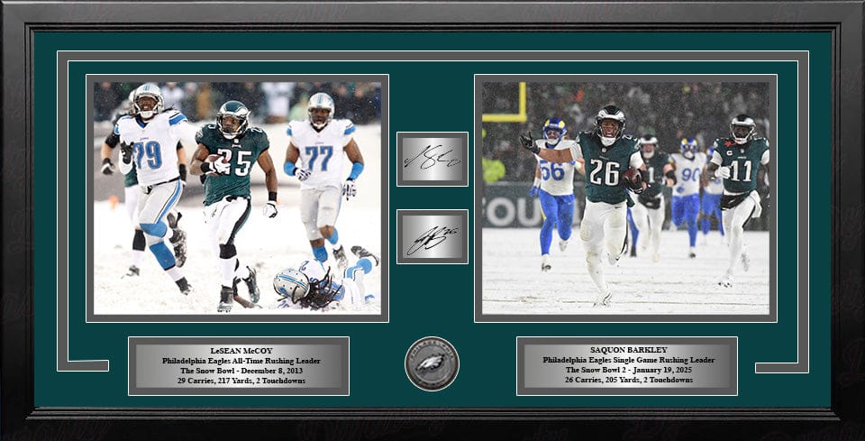 Dynasty Sports & Framing Engraved Signatures LeSean McCoy & Saquon Barkley Snow Bowl Philadelphia Eagles Framed Photos with Engraved Autographs
