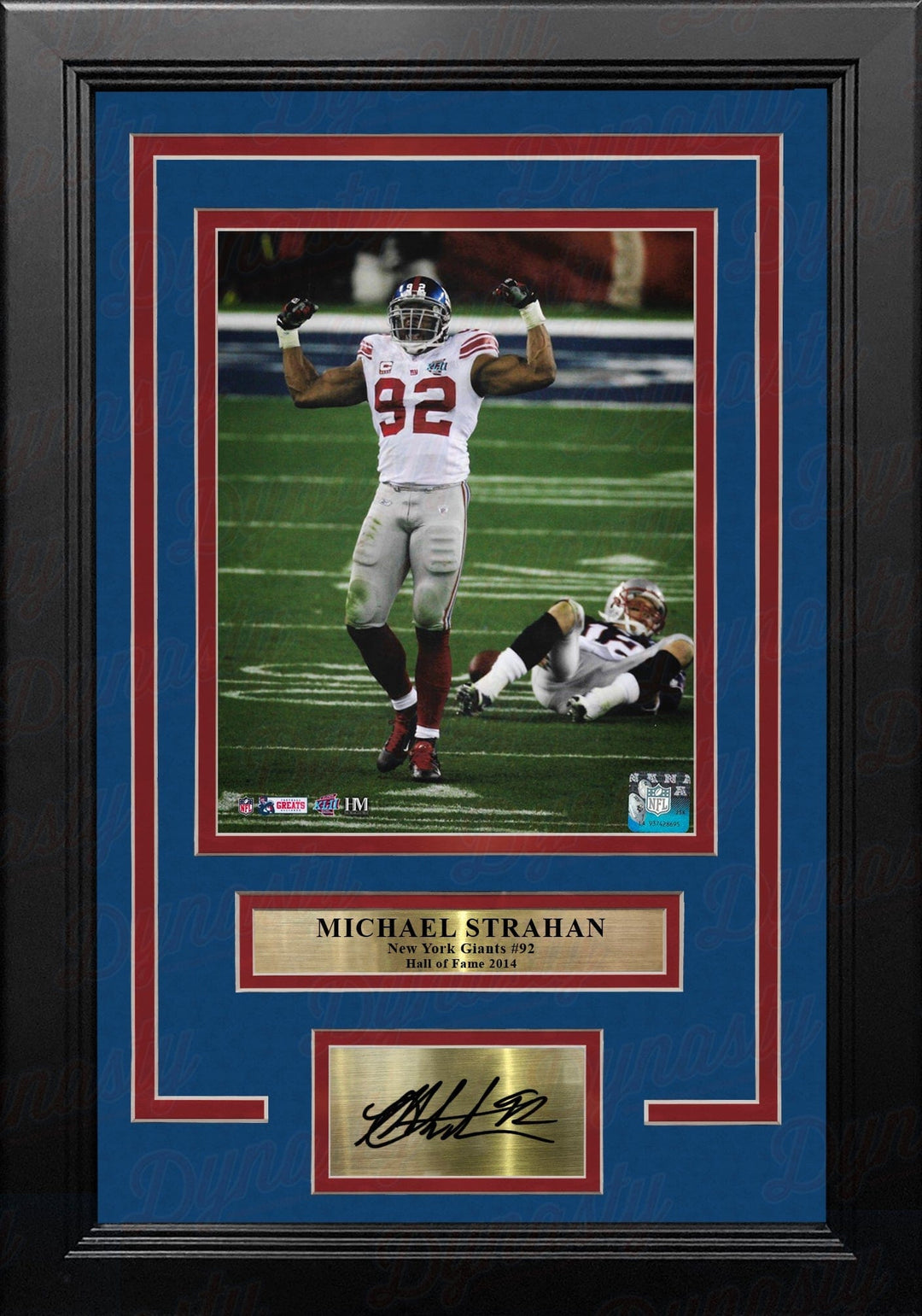 Dynasty Sports & Framing Engraved Signatures Michael Strahan Over Brady Super Bowl XLII NY Giants 8x10 Framed Photo with Engraved Autograph