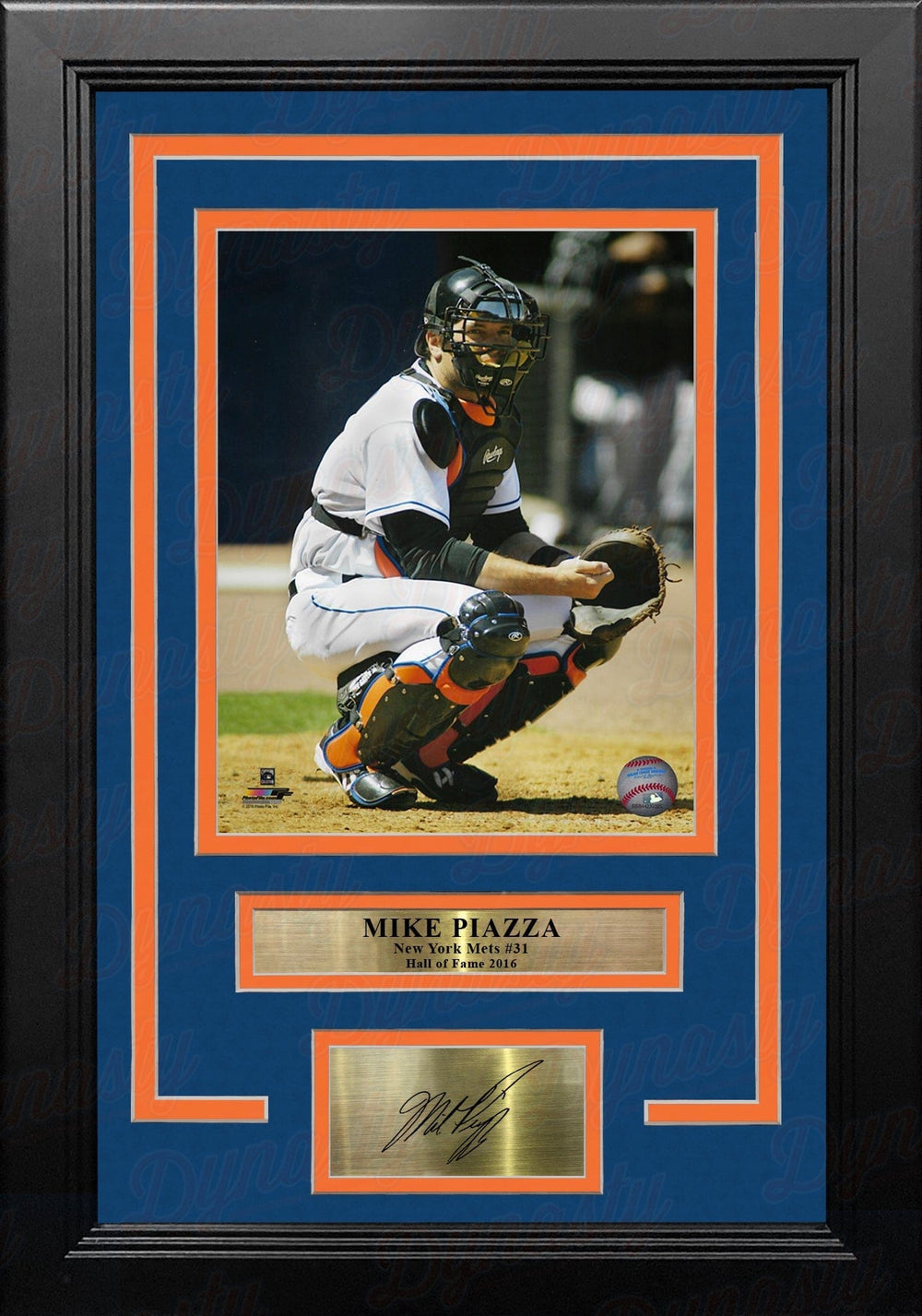Dynasty Sports & Framing Engraved Signatures Mike Piazza Catching Action 8"x 10" Framed Baseball Photo with Engraved Autograph