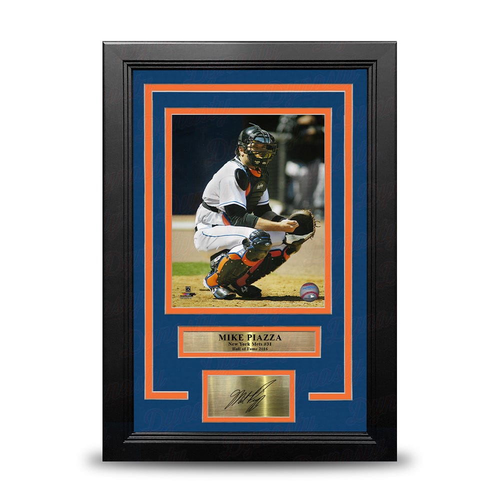Dynasty Sports & Framing Engraved Signatures Mike Piazza Catching Action 8"x 10" Framed Baseball Photo with Engraved Autograph