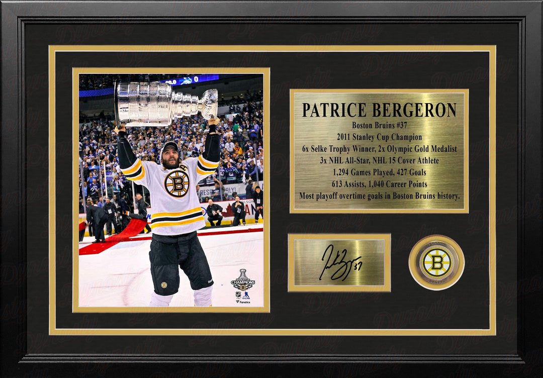 Dynasty Sports & Framing Engraved Signatures Patrice Bergeron Stanley Cup Boston Bruins 8x10 Framed Photo with Engraved Autograph & Career Stats