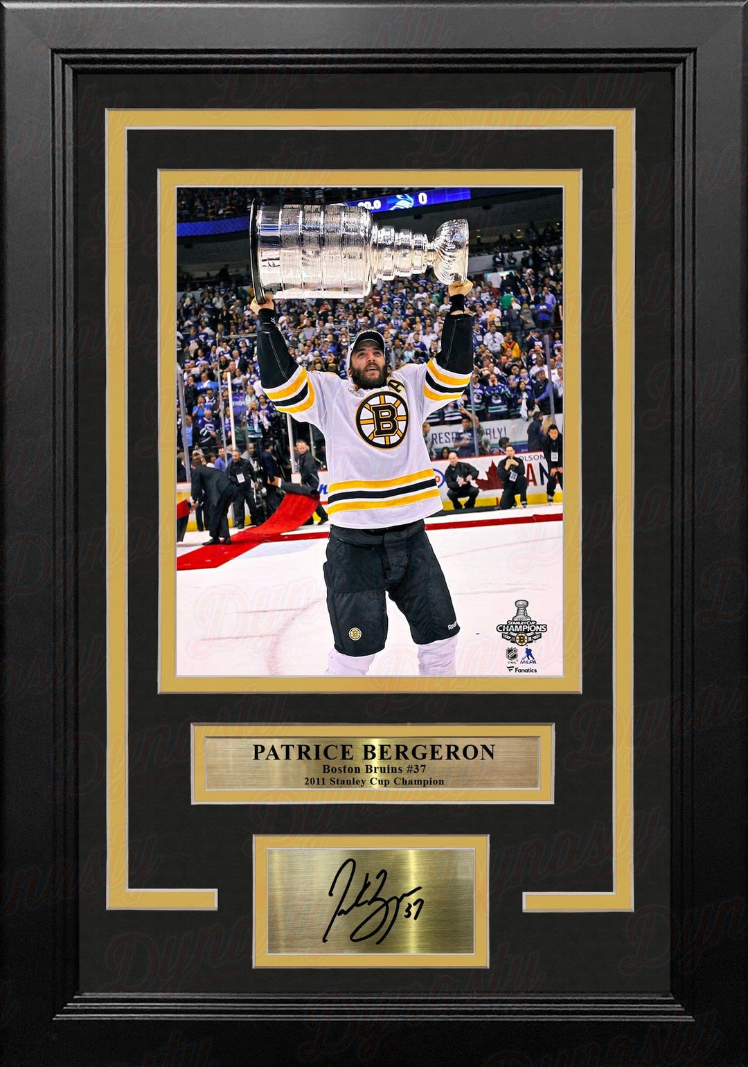 Dynasty Sports & Framing Engraved Signatures Patrice Bergeron Stanley Cup Trophy Boston Bruins 8x10 Framed Hockey Photo with Engraved Autograph