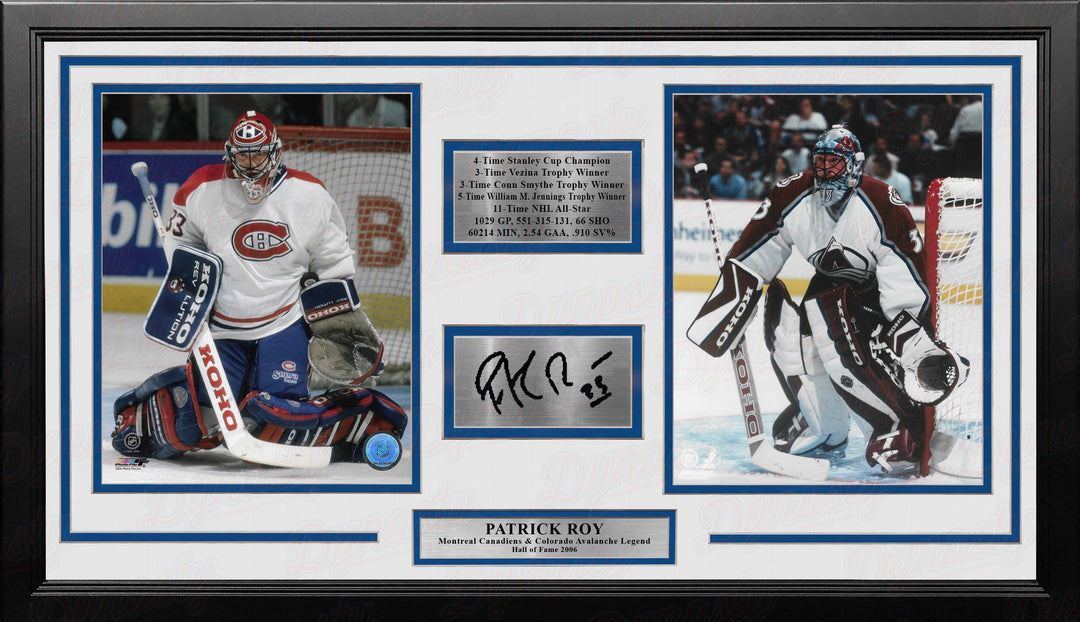 Dynasty Sports & Framing Engraved Signatures Patrick Roy Framed Hockey Photo Collage with Career Stats & Engraved Autograph