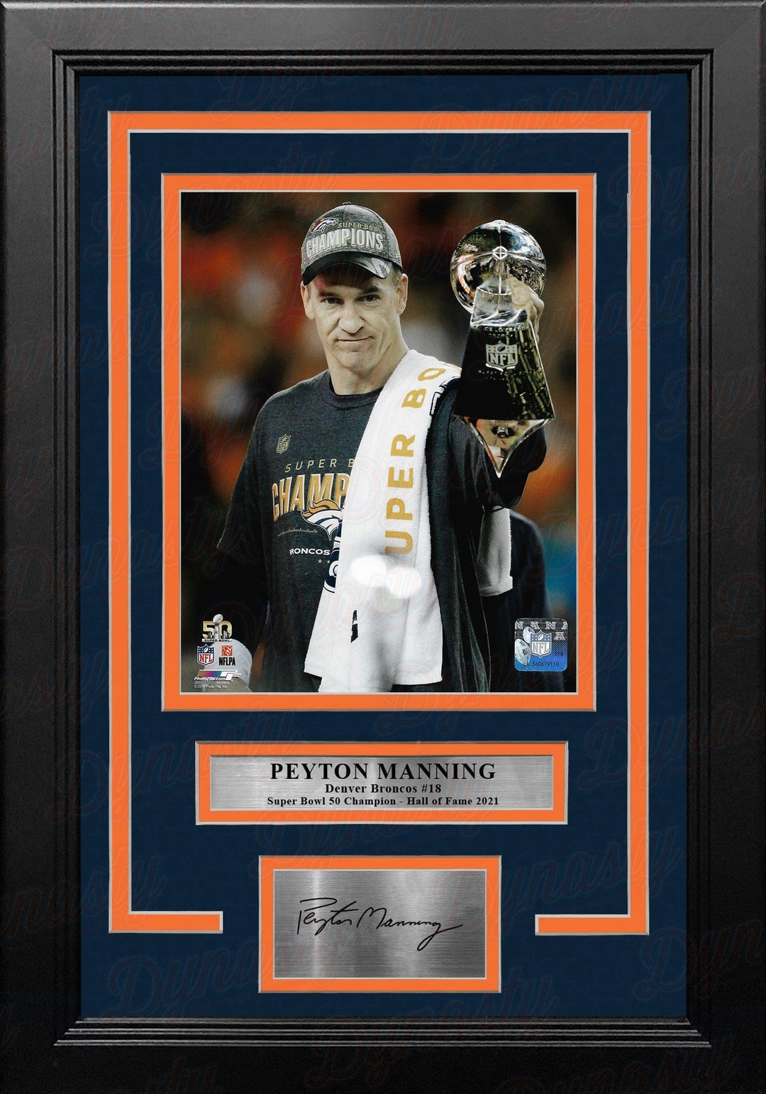 Dynasty Sports & Framing Engraved Signatures Peyton Manning Super Bowl Trophy Denver Broncos 8x10 Framed Football Photo with Engraved Autograph