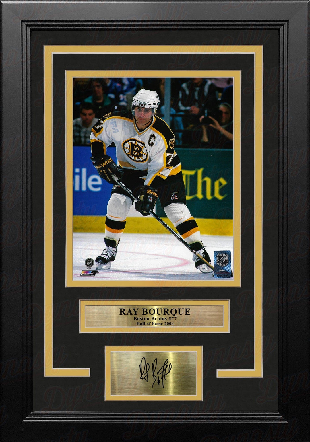 Dynasty Sports & Framing Engraved Signatures Ray Bourque in White Boston Bruins 8" x 10" Framed Hockey Photo with Engraved Autograph
