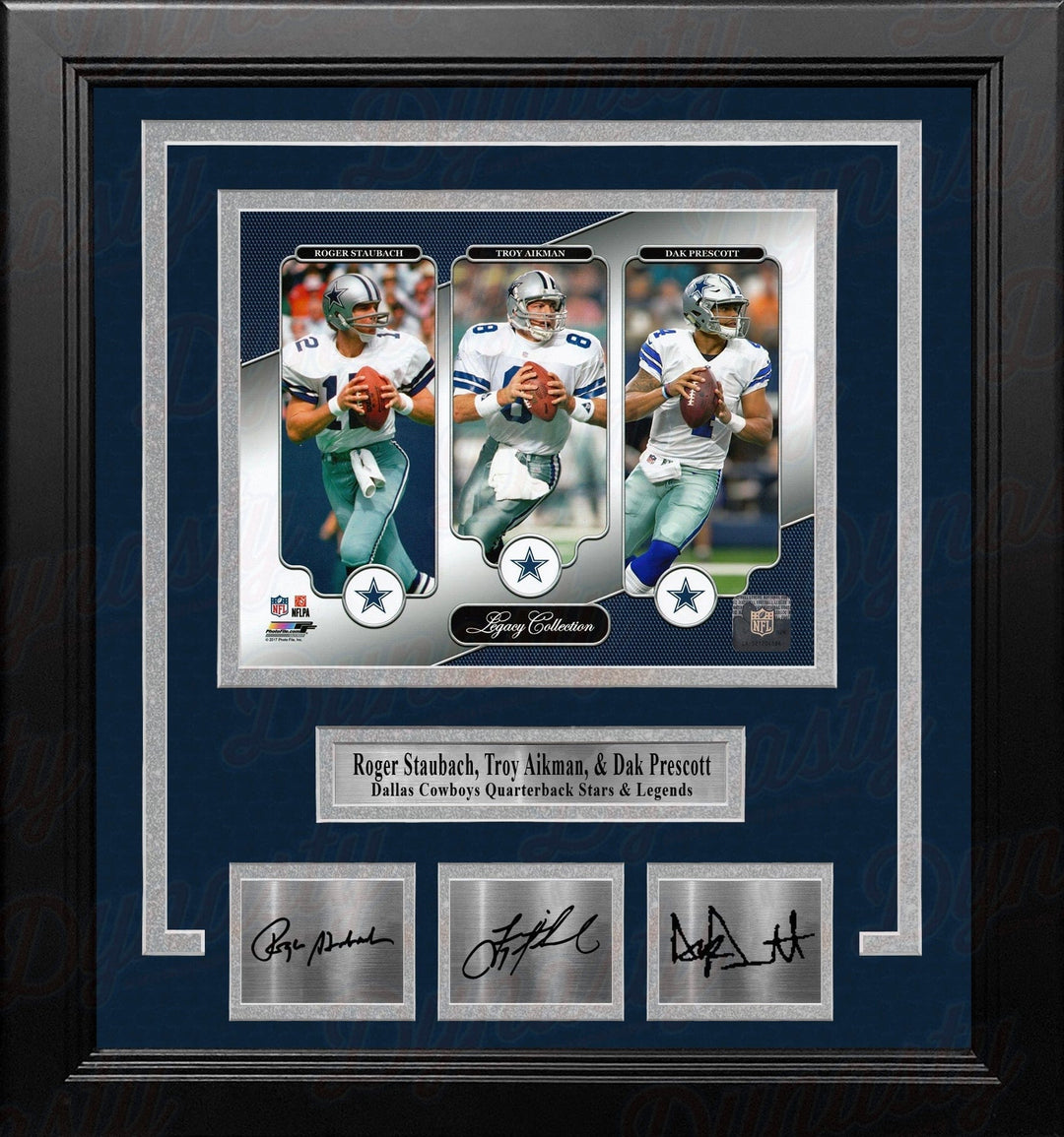 Dynasty Sports & Framing Engraved Signatures Roger Staubach, Troy Aikman & Dak Prescott Dallas Cowboys 8x10 Framed Photo with Engraved Autographs