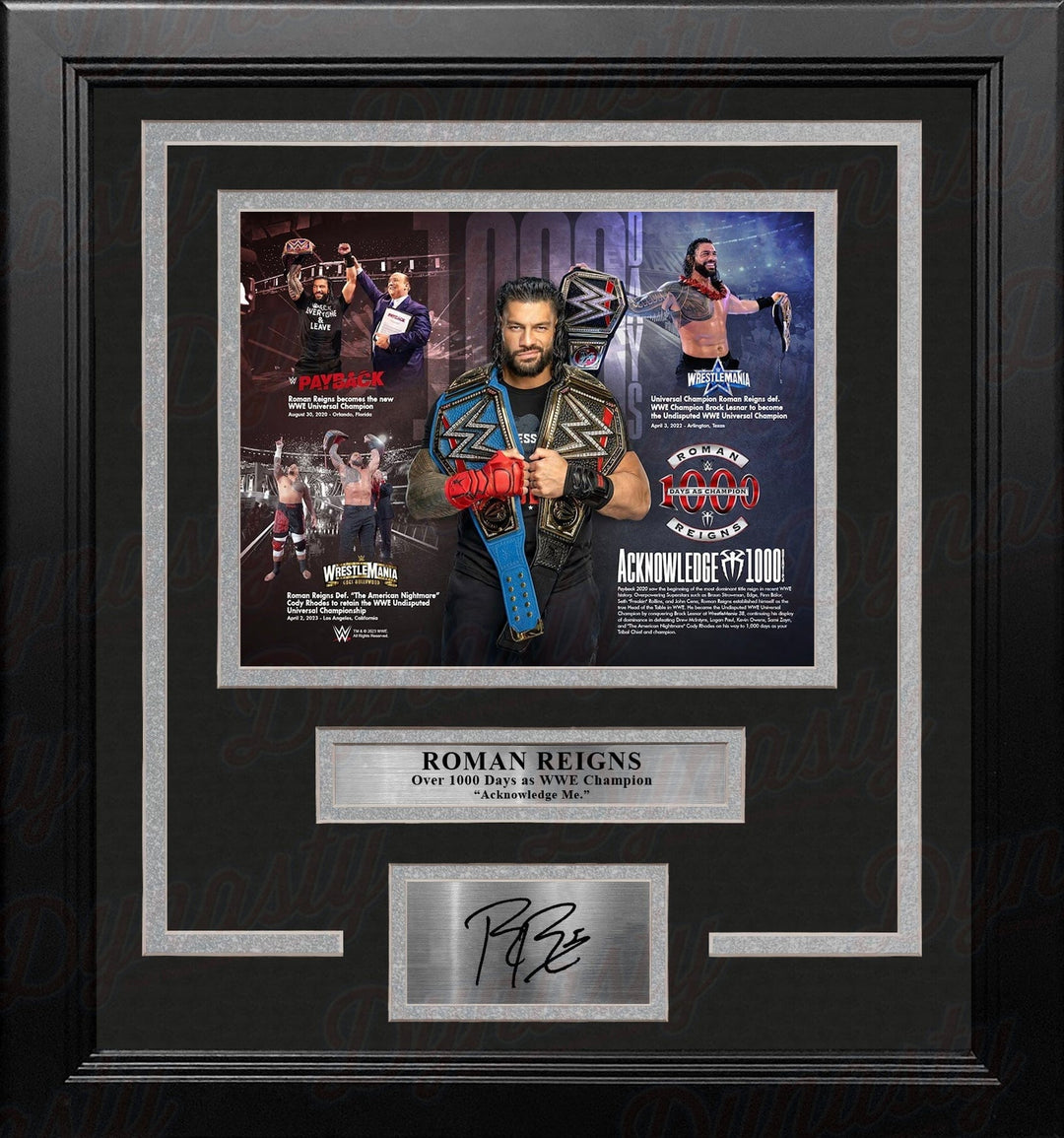 Dynasty Sports & Framing Engraved Signatures Roman Reigns 1000 Days as Champion 8x10 Framed WWE Wrestling Collage Photo with Engraved Autograph