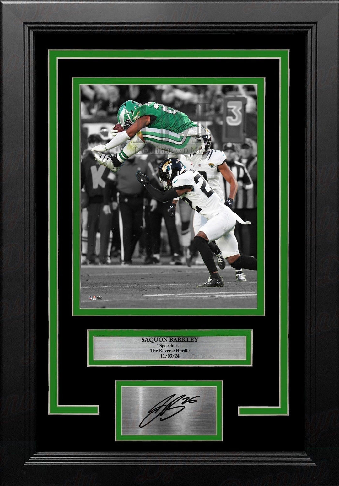 Dynasty Sports & Framing Engraved Signatures Saquon Barkley Reverse Hurdle Philadelphia Eagles 8x10 Framed Football Photo with Engraved Autograph