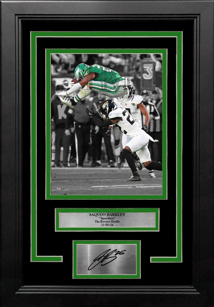 Dynasty Sports & Framing Engraved Signatures Saquon Barkley Reverse Hurdle Philadelphia Eagles 8x10 Framed Football Photo with Engraved Autograph