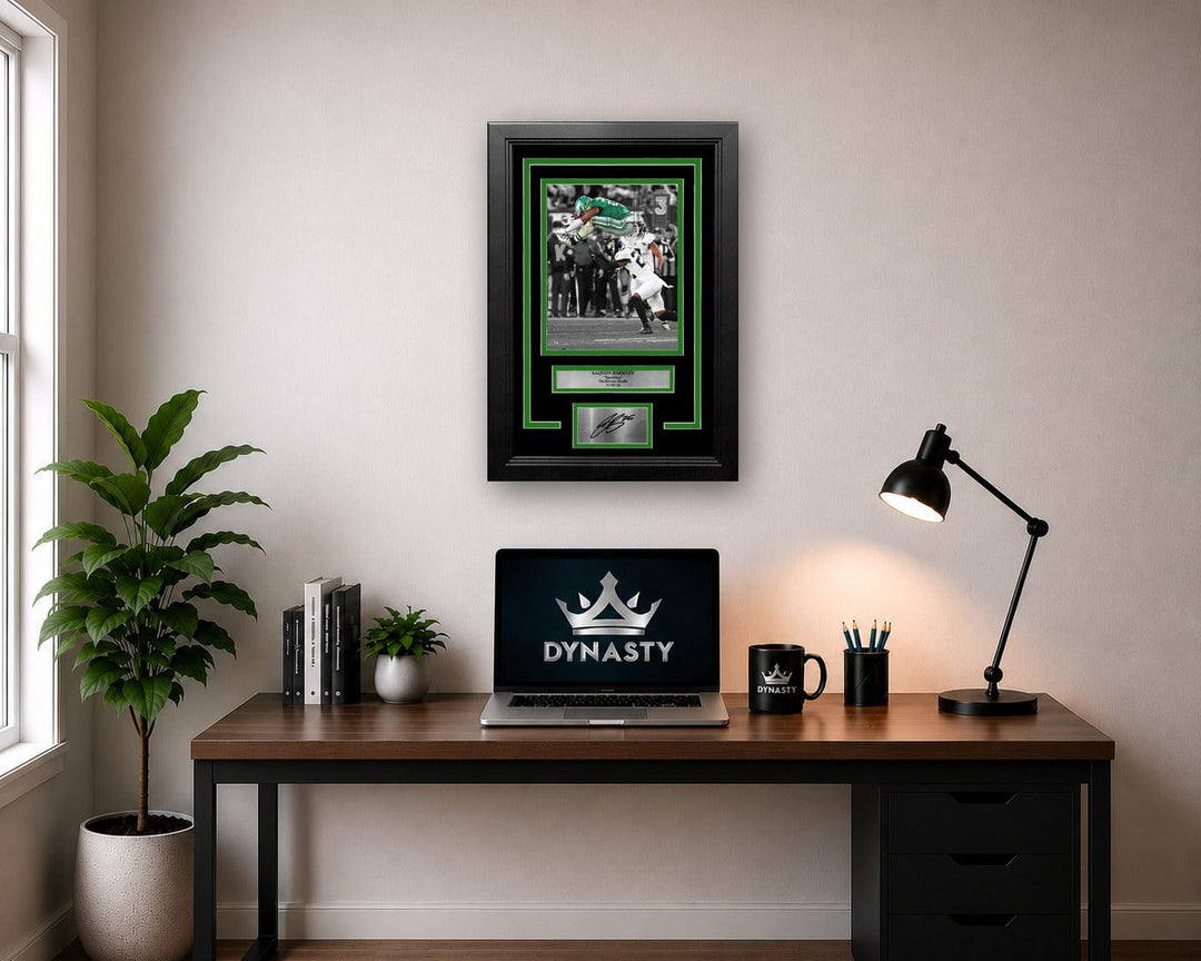 Dynasty Sports & Framing Engraved Signatures Saquon Barkley Reverse Hurdle Philadelphia Eagles 8x10 Framed Football Photo with Engraved Autograph