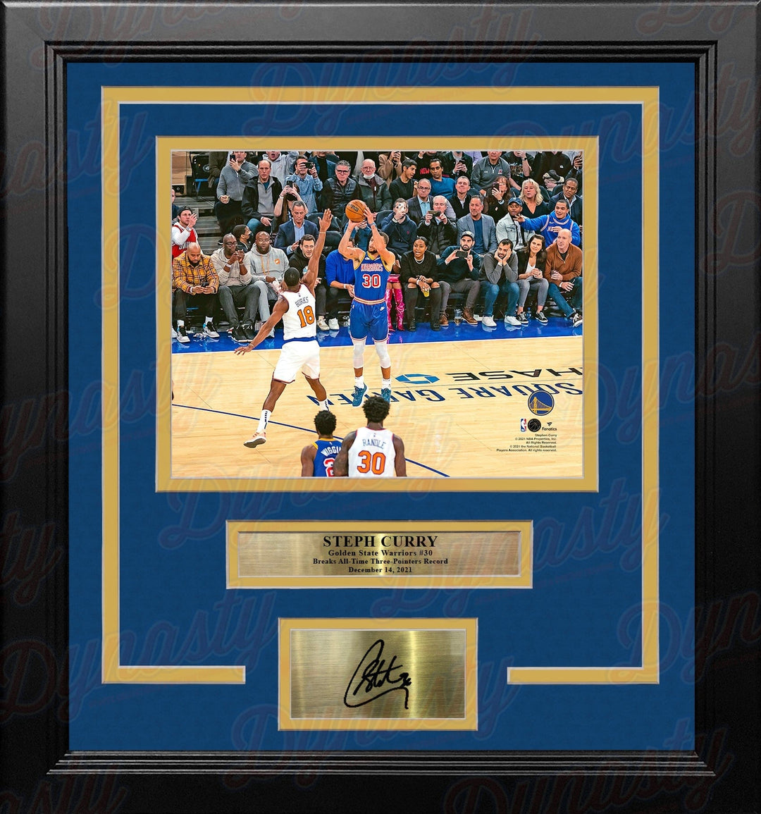 Dynasty Sports & Framing Engraved Signatures Steph Curry 3-Point Record-Breaking Shot Golden State Warriors 8" x 10" Framed Basketball Photo with Engraved Autograph