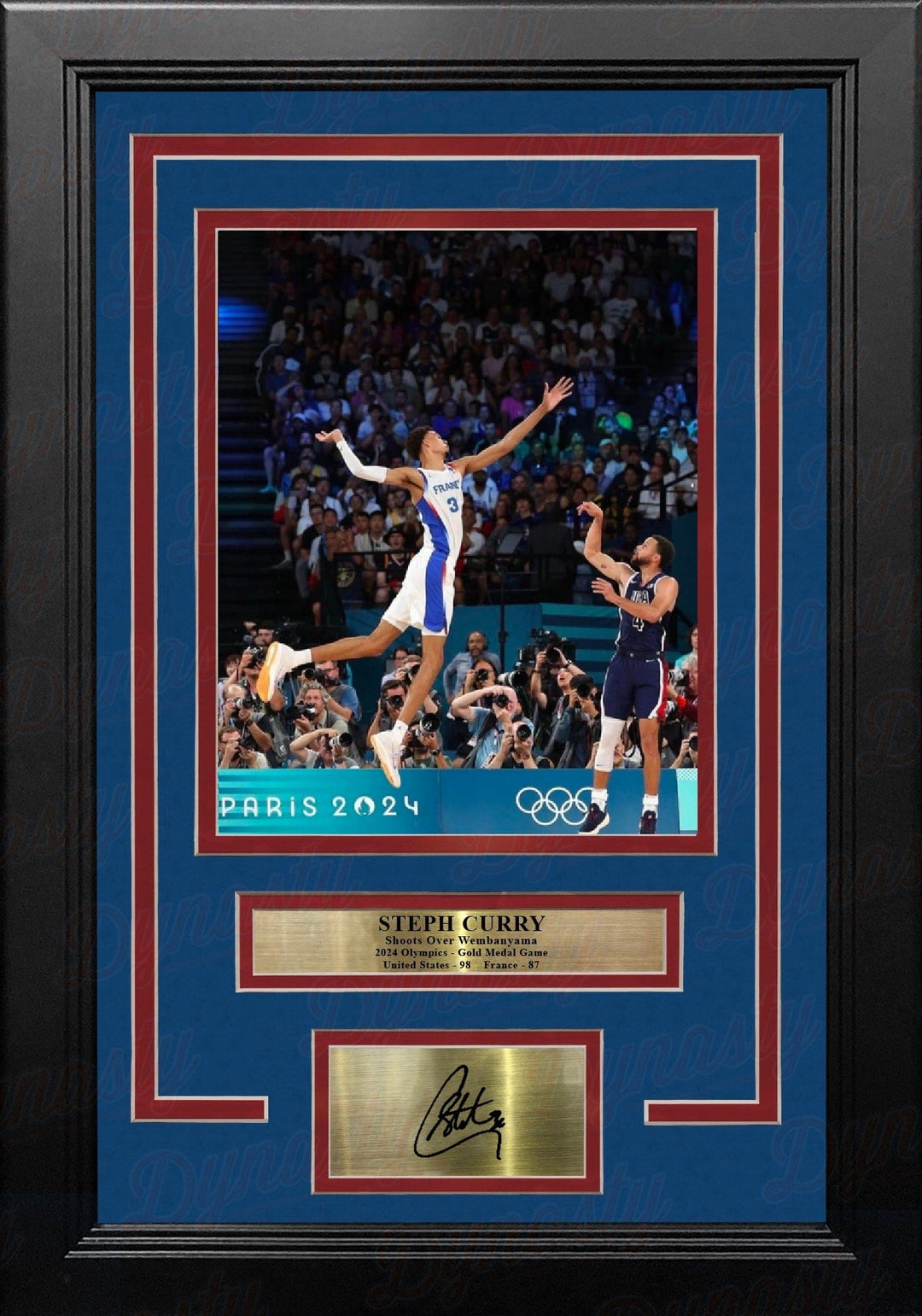 Dynasty Sports & Framing Engraved Signatures Steph Curry Shoots Over Wembanyama 8" x 10" Framed Olympics Basketball Photo with Engraved Autograph