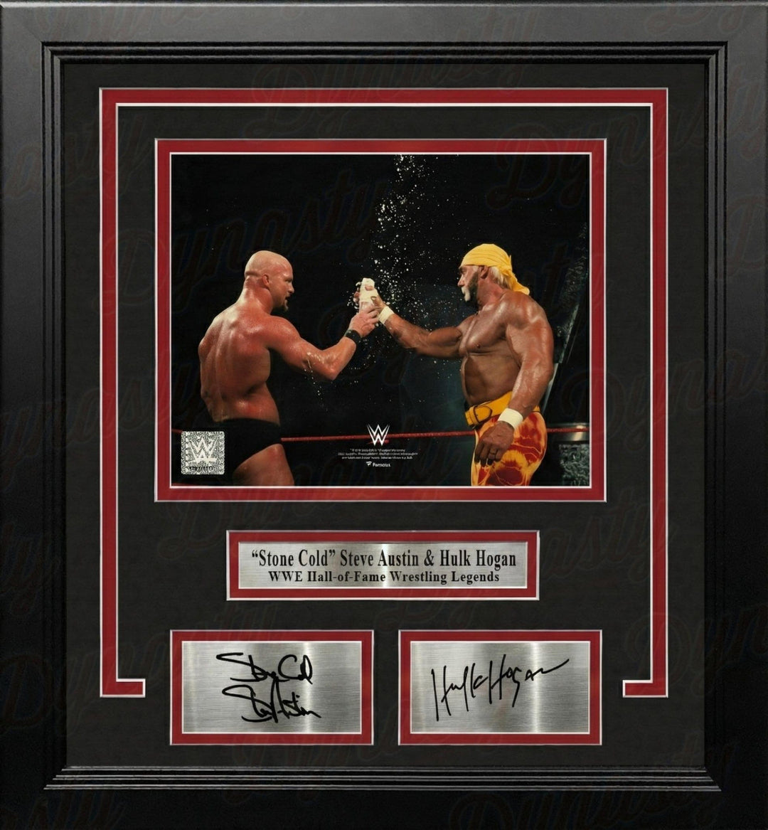 Dynasty Sports & Framing Engraved Signatures Stone Cold Steve Austin & Hulk Hogan Toast in the Ring 8x10 Framed WWE Photo w/ Engraved Autographs