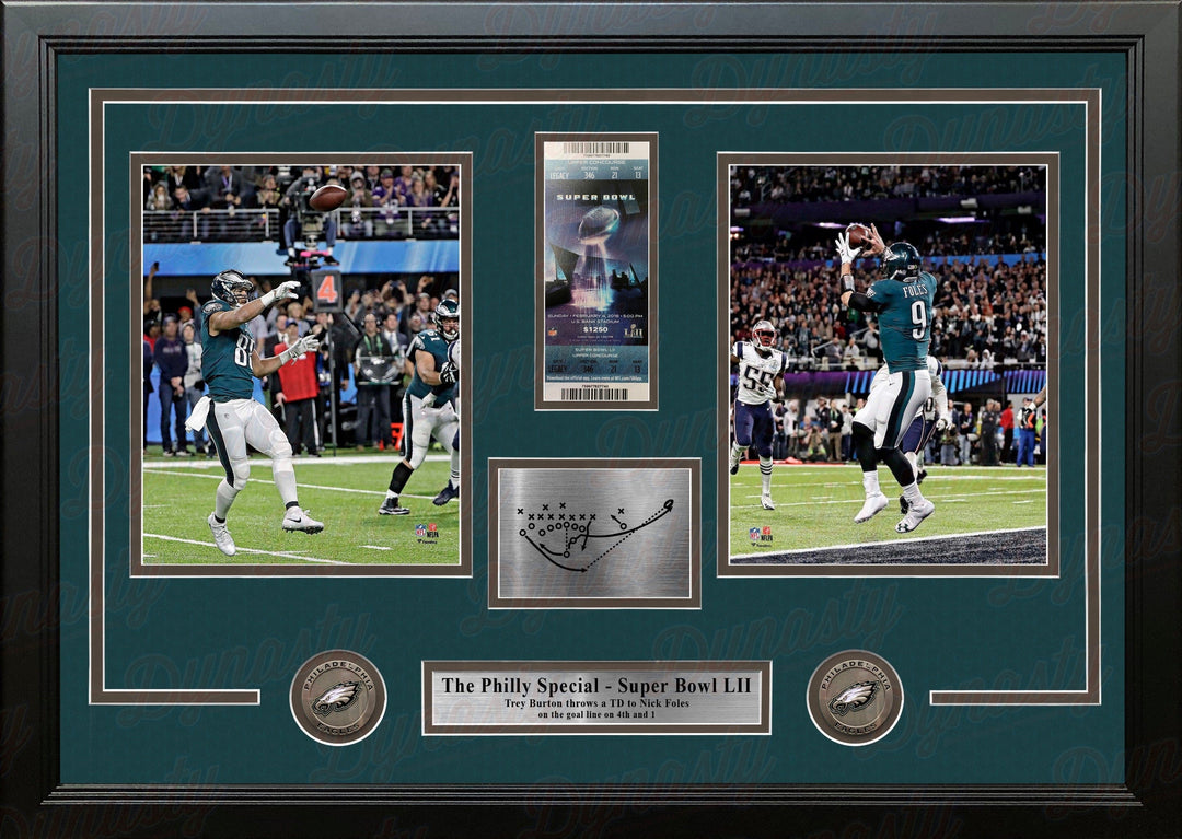 Dynasty Sports & Framing Engraved Signatures The Philly Special Eagles Super Bowl LII Collage with Engraved Play and Ticket 28x18 Framed Panorama