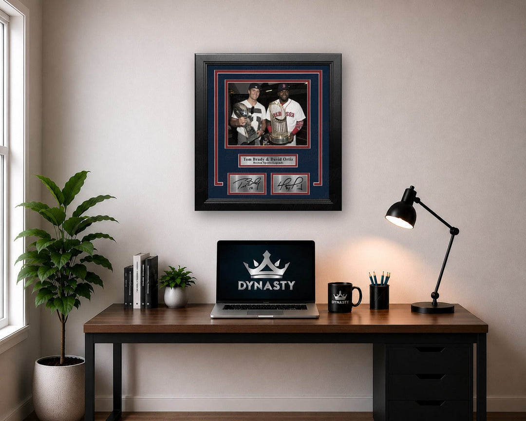 Dynasty Sports & Framing Engraved Signatures Tom Brady & David Ortiz 8" x 10" Framed Championship Trophy Photo with Engraved Autographs