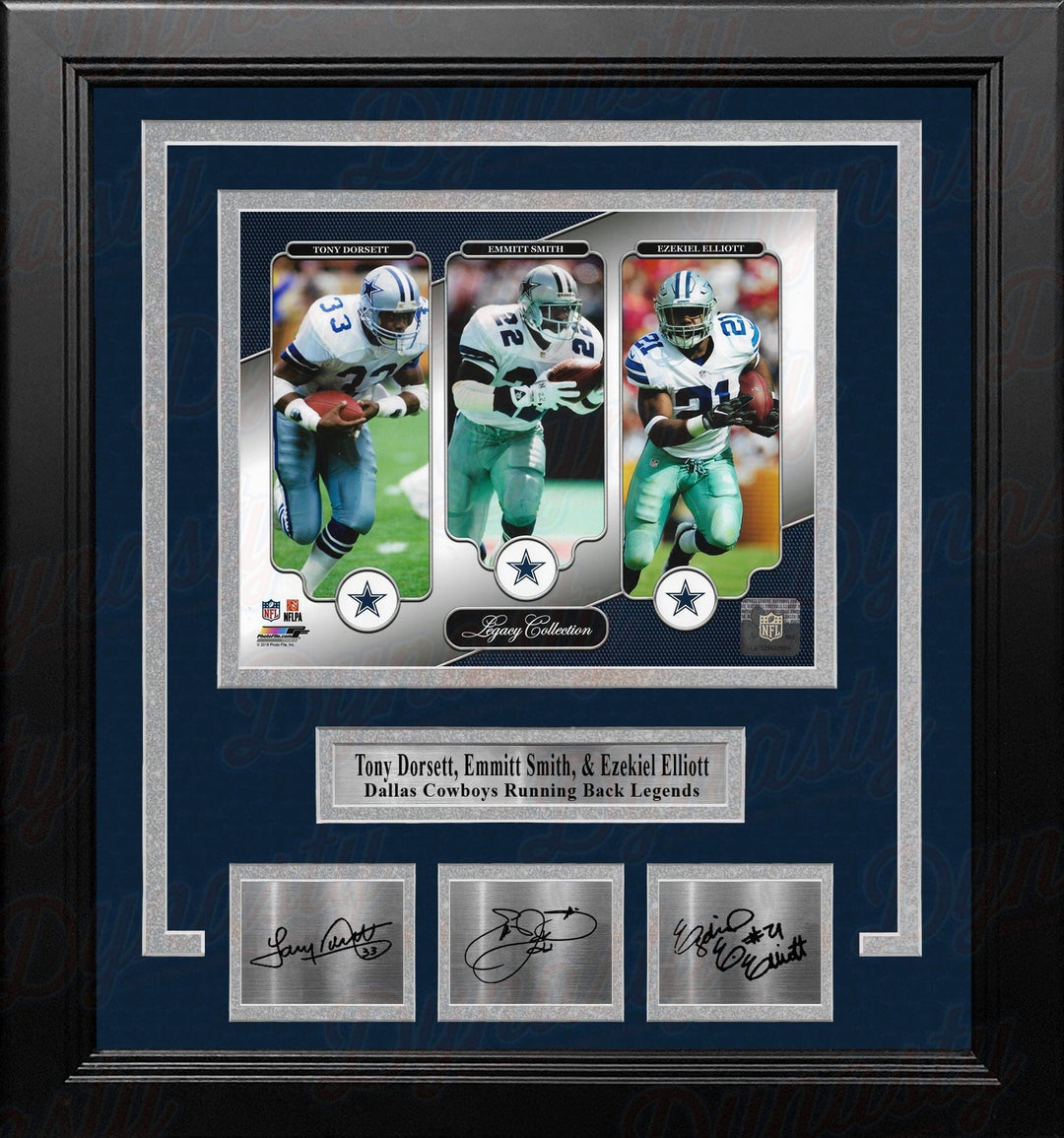Dynasty Sports & Framing Engraved Signatures Tony Dorsett Emmitt Smith & Ezekiel Elliott Dallas Cowboys 8x10 Framed Photo w/ Engraved Autographs