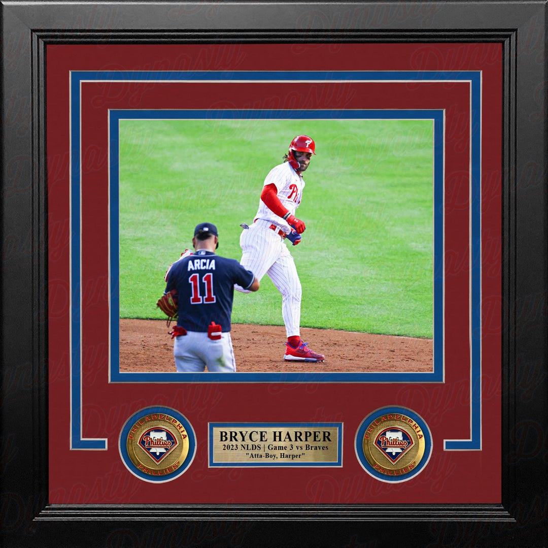 Dynasty Sports & Framing Framed Baseball Photos Bryce Harper Stares Down Arcia 2023 NLDS Philadelphia Phillies 8" x 10" Framed Photo with Medallions