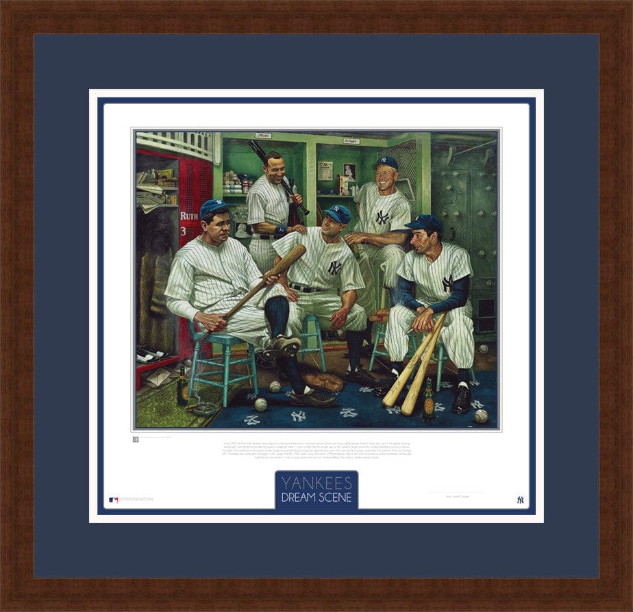 Dynasty Sports & Framing Framed Baseball Photos Cherry Frame w/ Navy Matting New York Yankees Dream Scene Framed and Matted Lithograph Artwork Print by Artist Jamie Cooper