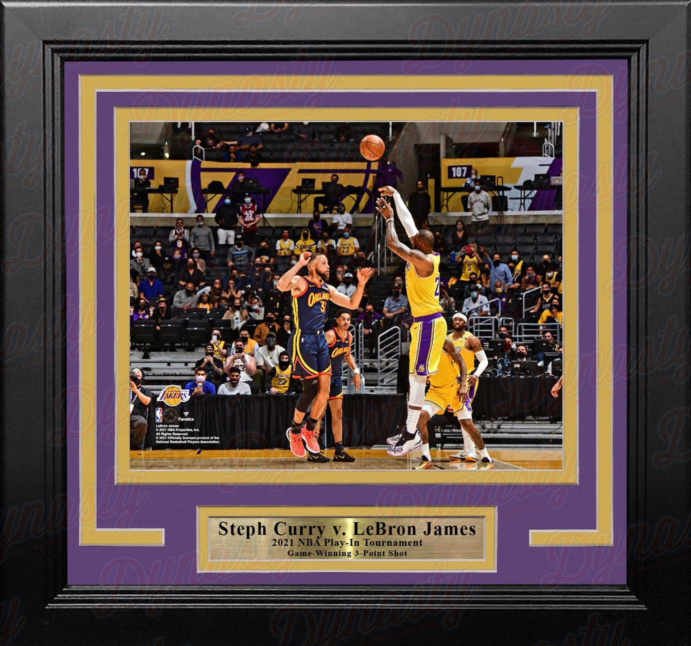 Dynasty Sports & Framing Framed Basketball Photos 8x10 Framed Photo (Lakers Colors) LeBron James v. Steph Curry Game-Winning Shot 2021 Play-In Tournament 8" x 10" Framed Photo