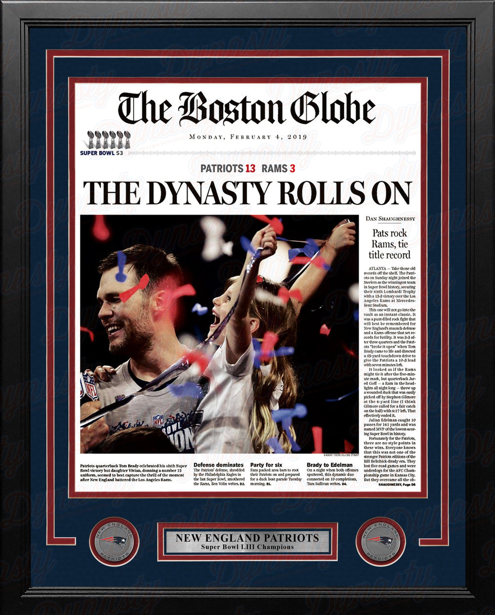 Dynasty Sports & Framing Framed Football Photos 11x14 Framed Photo New England Patriots Super Bowl LIII Champions Framed Boston Globe Photo