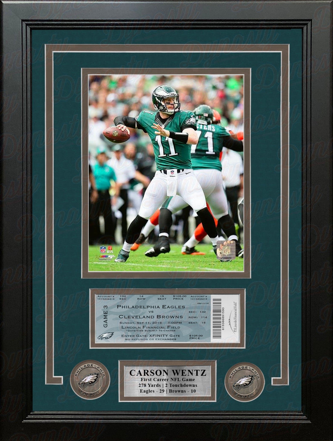 Dynasty Sports & Framing Framed Football Photos Carson Wentz 1st Career Win Philadelphia Eagles 16x20 Framed Photo with Replica 1st Win Game Ticket