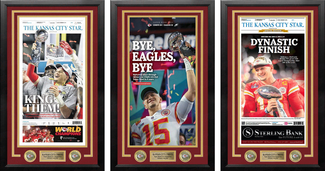 Dynasty Sports & Framing Framed Football Photos Patrick Mahomes Kansas City Chiefs Super Bowl Champions Framed Newspapers (3 Super Bowls)