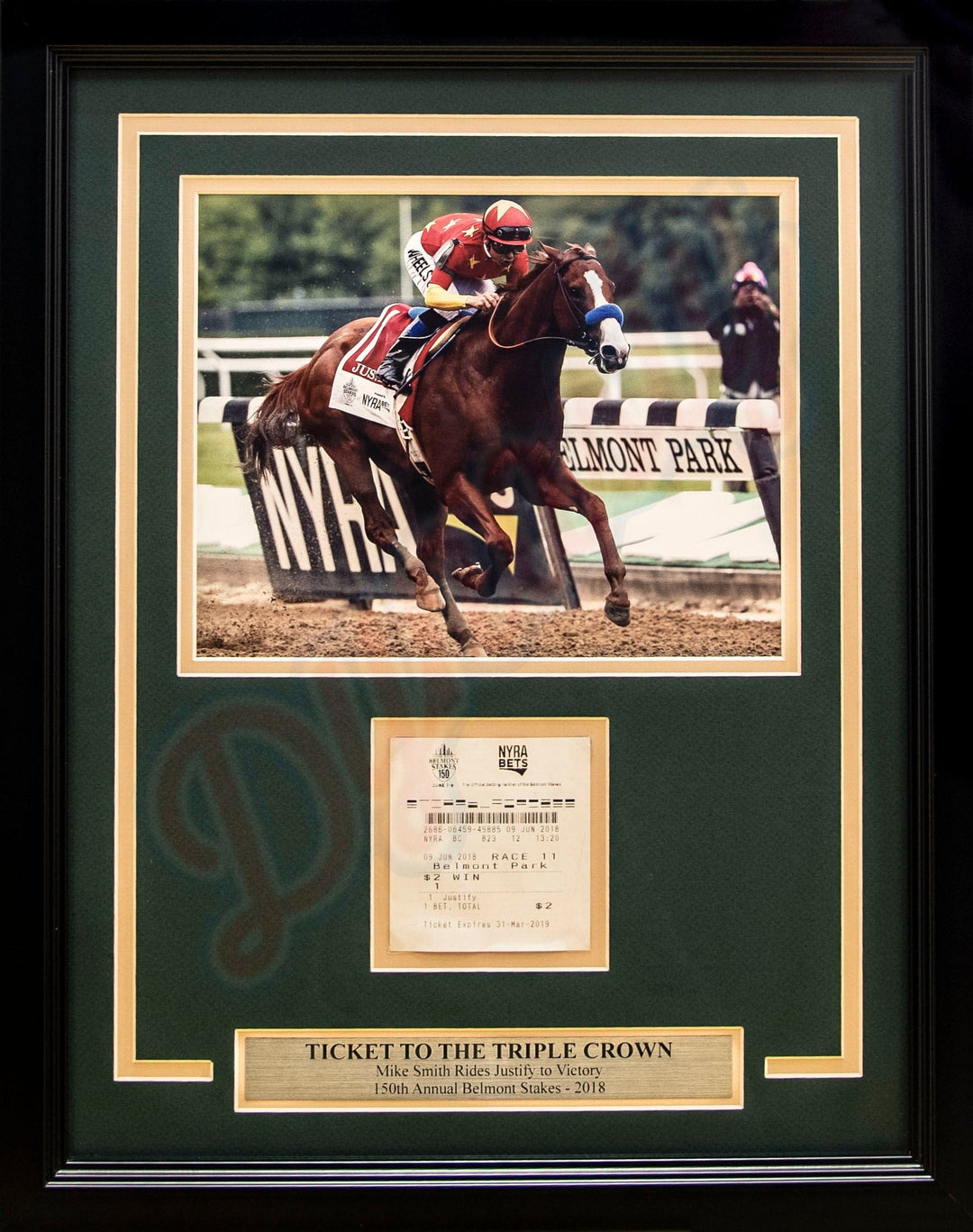 Dynasty Sports & Framing Framed Horse Racing Photos Mike Smith & Justify 2018 Belmont Stakes Framed and Matted Horse Racing Ticket Collage