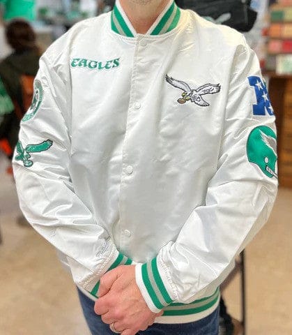 Dynasty Sports & Framing Sweatshirts, Hoodies, & Jackets - Football Small Philadelphia Eagles Mitchell & Ness White City Collection Satin Full-Snap Varsity Jacket