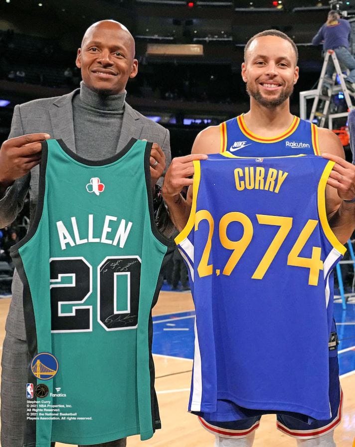 Dynasty Sports & Framing Unframed Basketball Photos Ray Allen & Steph Curry 3-Point Record-Breaking Celebration 8" x 10" Basketball Photo