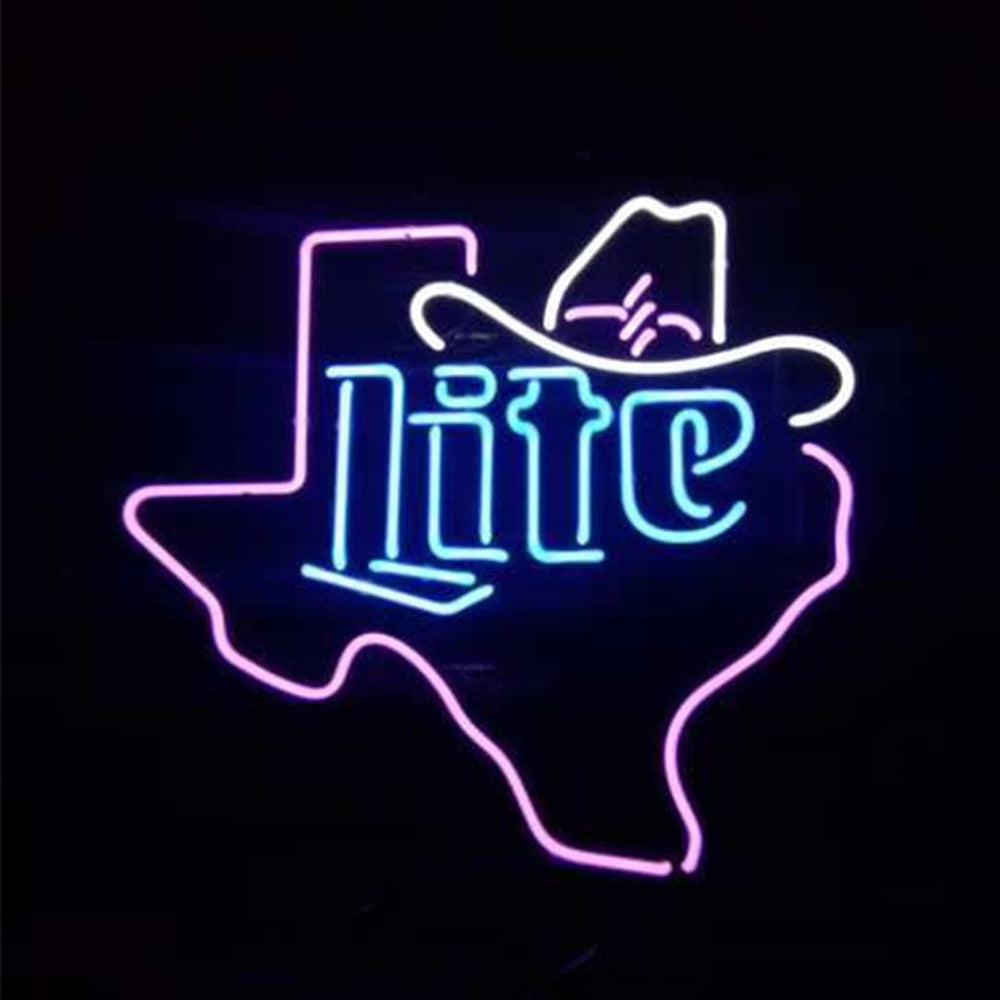 Neon Signs Land Neon Signs Miller Lite Cowboy Hat with Texas Maps Neon Signs