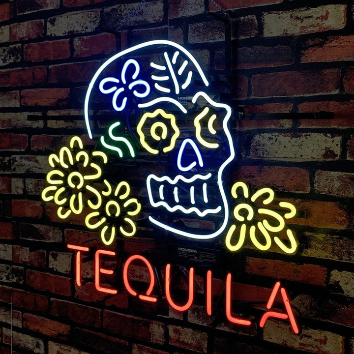 Neon Signs Land Neon Signs Tequila Lager Skull Bone with Flower Neon Signs Light