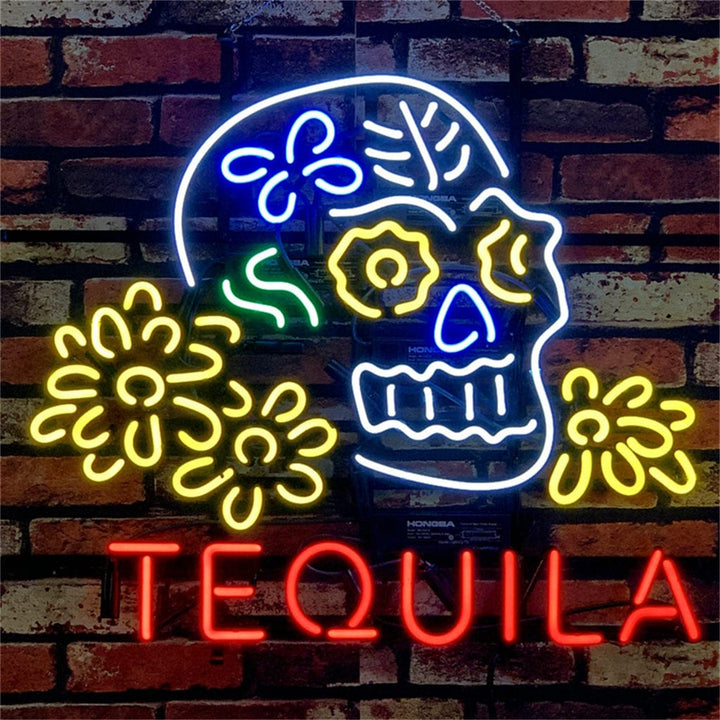 Neon Signs Land Neon Signs Tequila Lager Skull Bone with Flower Neon Signs Light