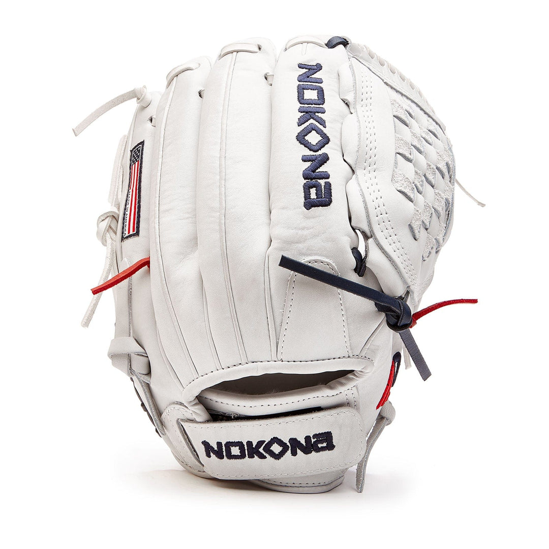 Nokona American Ball Gloves Baseball & Softball Gloves A-V1200-White Velcro 12" Closed Web Infield/Outfield - AmericanKIP™ Series | Nokona