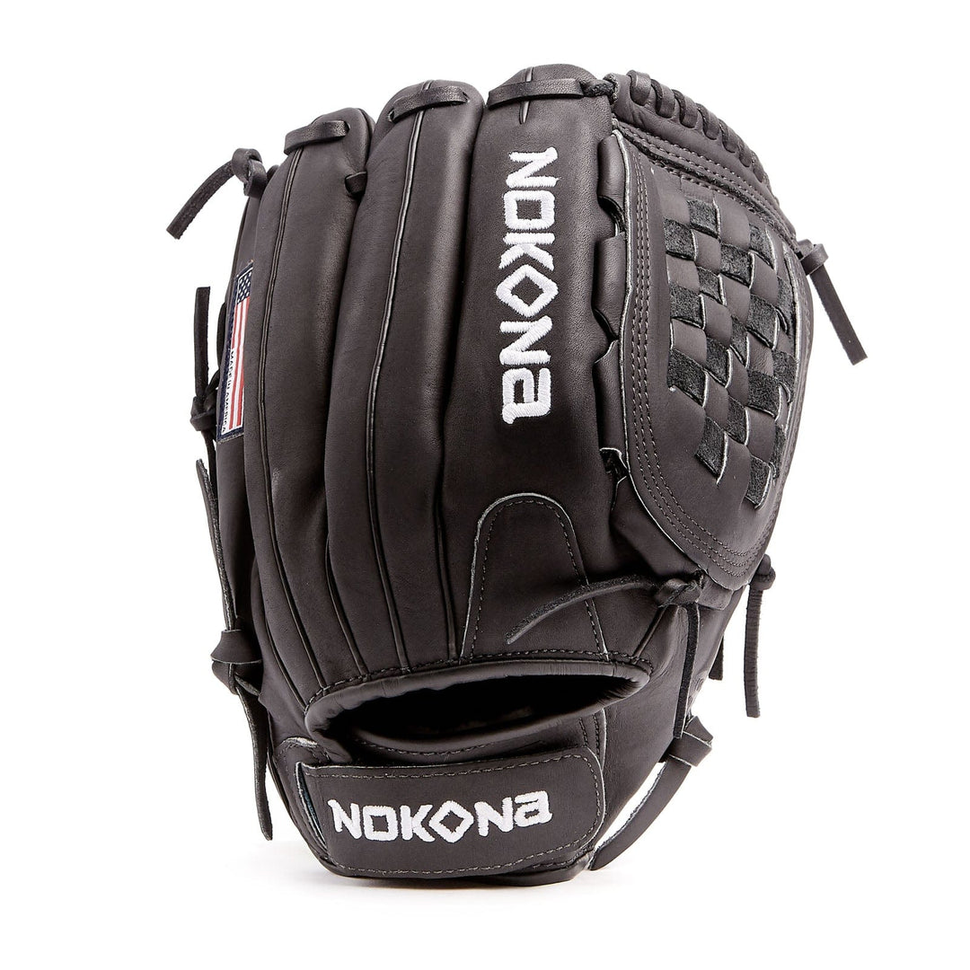 Nokona American Ball Gloves Baseball & Softball Gloves A-V1250-Black Velcro 12.5" Closed Web Infield/Outfield - AmericanKIP™ Series | Nokona