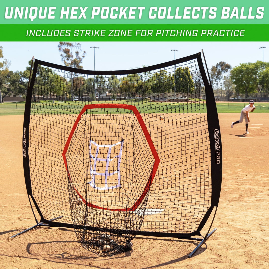 PlayGoSports.com Baseball GoSports 7 ft x 7 ft PRO Baseball & Softball Practice Hitting & Pitching Net with Bow Type Frame, Carry Case and Strike Zone, Ultimate Training Net