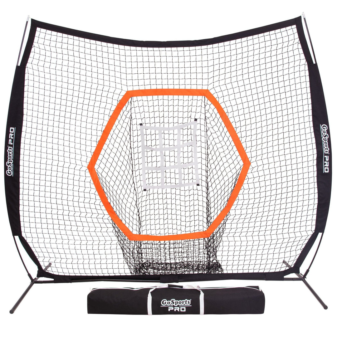 PlayGoSports.com Baseball GoSports 7 ft x 7 ft PRO Baseball & Softball Practice Hitting & Pitching Net with Bow Type Frame, Carry Case and Strike Zone, Ultimate Training Net