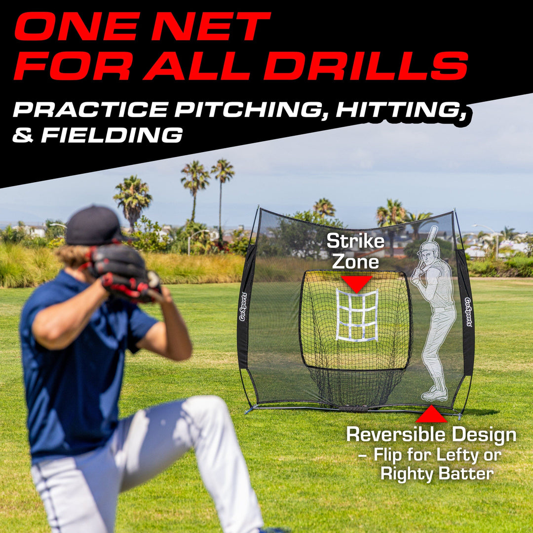 PlayGoSports.com Baseball GoSports 7 x 7 ft Advanced Baseball & Softball Net with Xtraman Batter - Portable Hitting & Pitching Practice Net