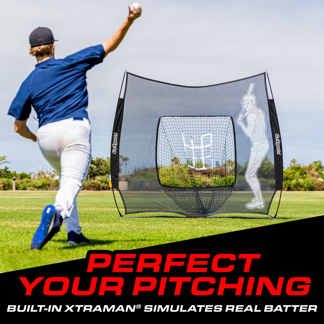 PlayGoSports.com Baseball GoSports 7 x 7 ft Advanced Baseball & Softball Net with Xtraman Batter - Portable Hitting & Pitching Practice Net