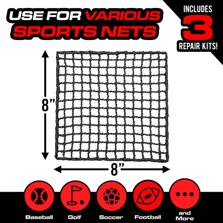 PlayGoSports.com GoSports 3 Pack Universal Sports Net Repair Kits for Golf, Baseball, Soccer, and More - 8 x 8 Inch Sports Netting Patch Kits