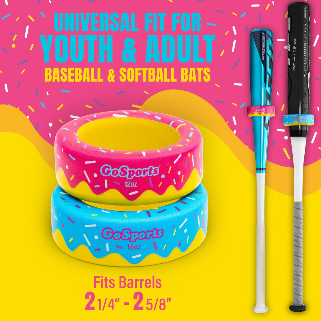 PlayGoSports.com GoSports Baseball and Softball Bat Donuts - 2 Pack Baseball Drip Bat Weights - 16 oz & 12 oz