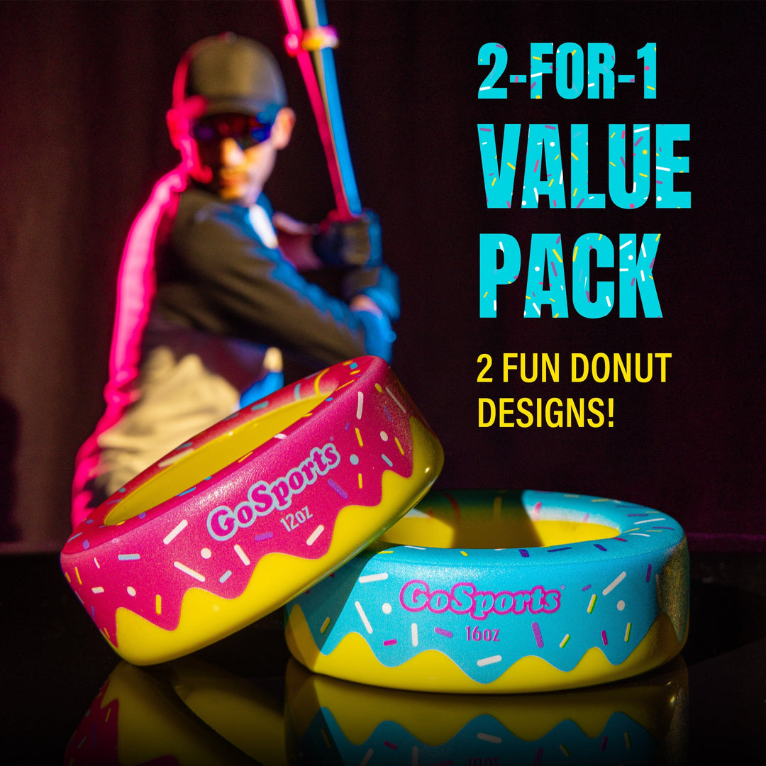 PlayGoSports.com GoSports Baseball and Softball Bat Donuts - 2 Pack Baseball Drip Bat Weights - 16 oz & 12 oz