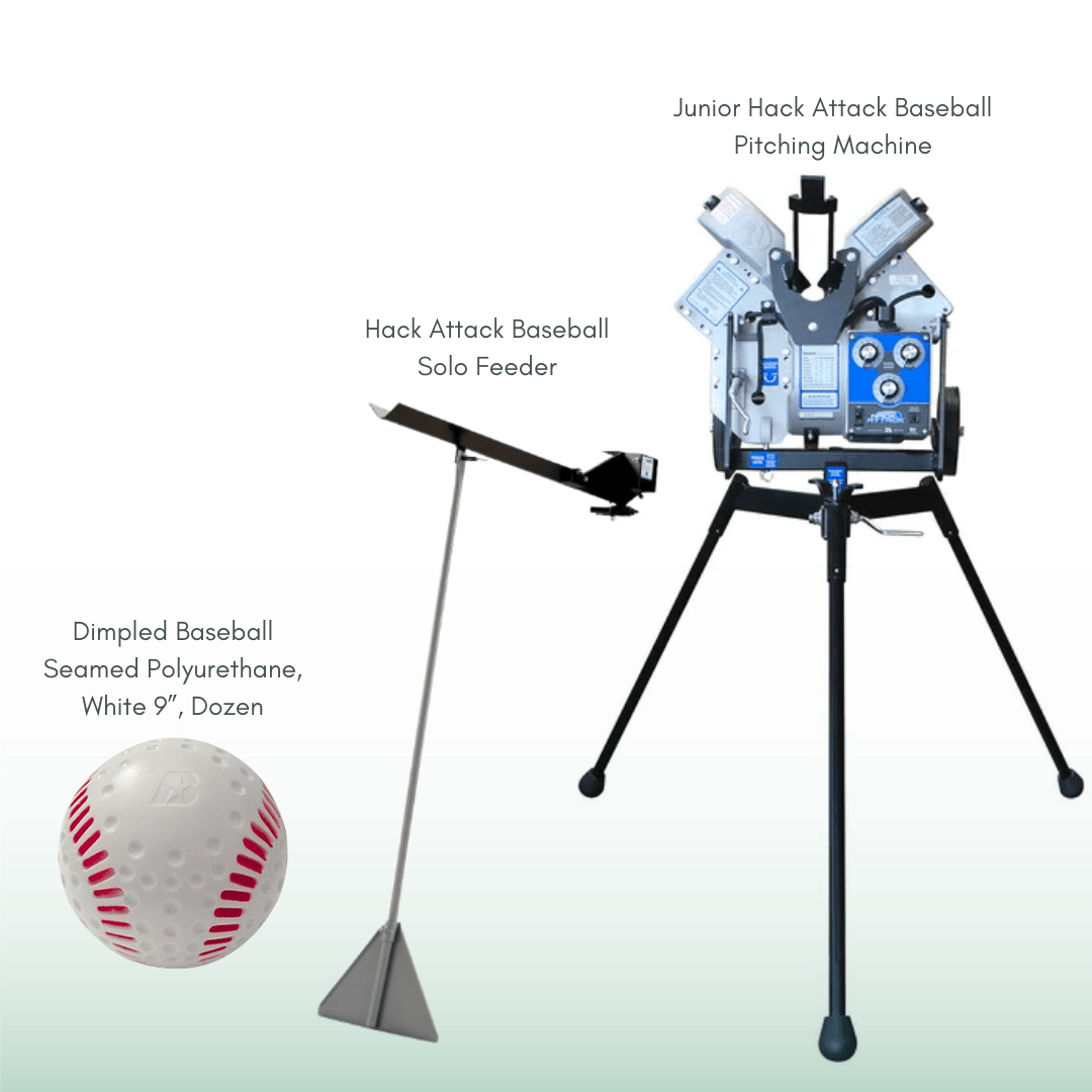 Sports Attack Baseball Bundle Junior Hack Attack / Solo Feeder / Dimpled Baseball Seamed Polyurethane Sports Attack Baseball Pitching Machine with Ball Feeder