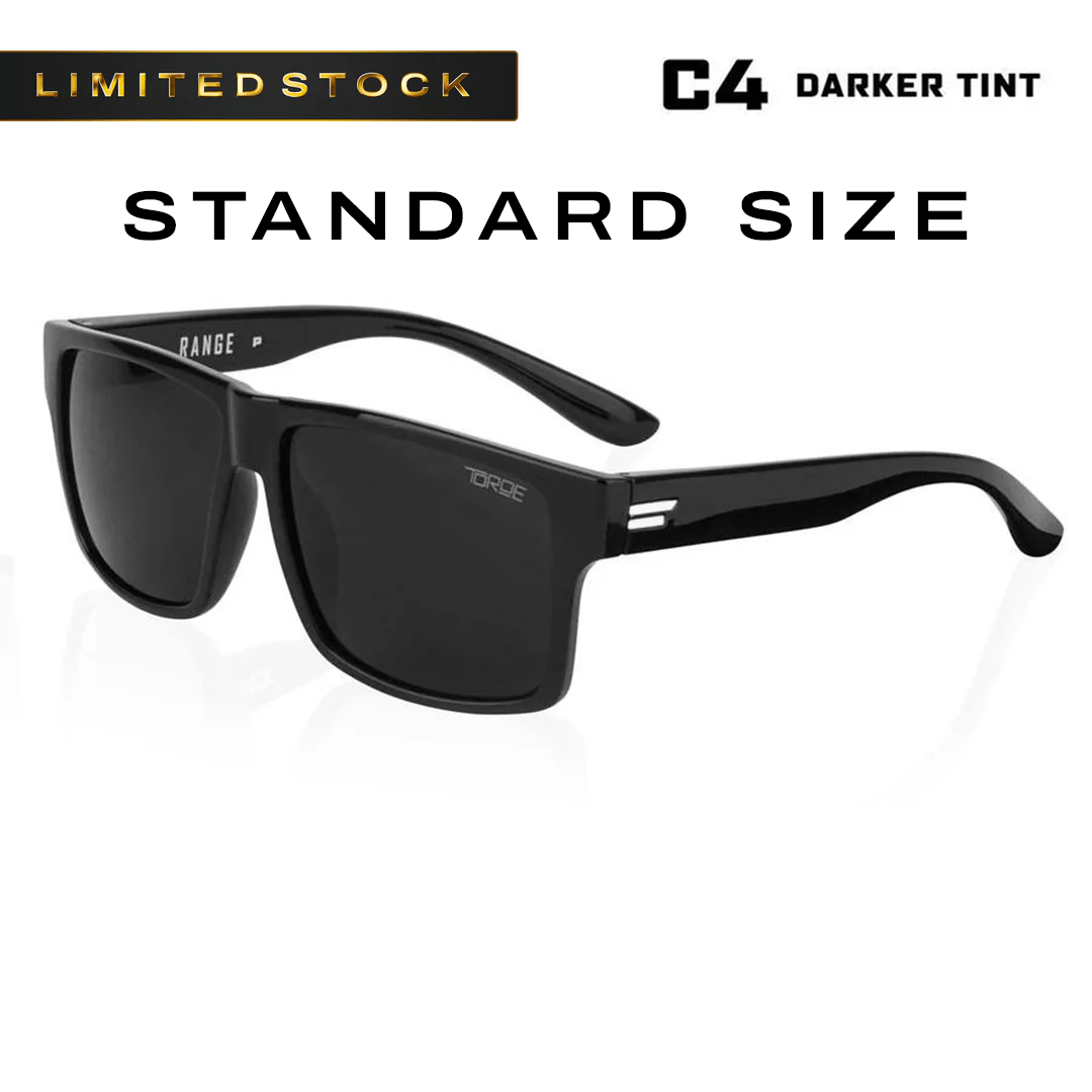 TOROE Performance Eyewear Sunglasses STANDARD SIZE WHITE EMBLEM XL & STANDARD SIZE C4 Extra Dark Polarized Glossy Frame